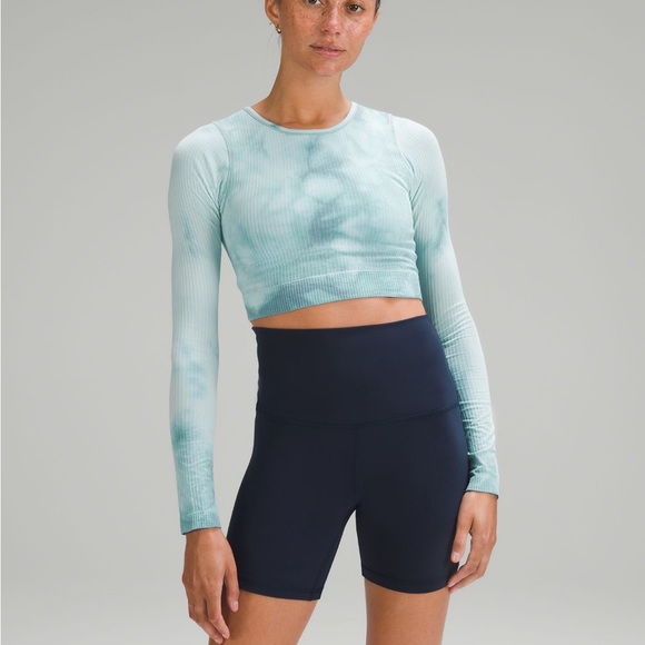 lululemon athletica Tops - Lululemon ebb to street cropped long sleeve marble die tidal teal size 4